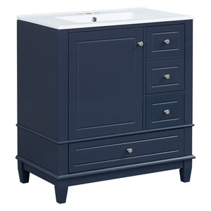 English Elm Christopher Knight Home® - 30" Freestanding Bathroom Vanity with Ceramic Sink, Soft-Close Door, Gold Knobs & 3 Drawers, Durable Painted Finish Blue N759P225994C