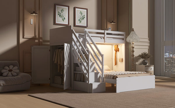 English Elm Twin Over Full Bunk Bed with Wardrobe Storage Stairs Shelves and Usb Charging White LT000292AAK