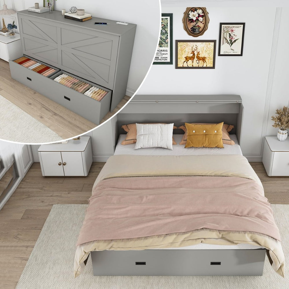 English Elm 57 Inch Murphy Bed Cabinet with Storage Drawers Charging Station and Rolling Casters Gray W509S00156