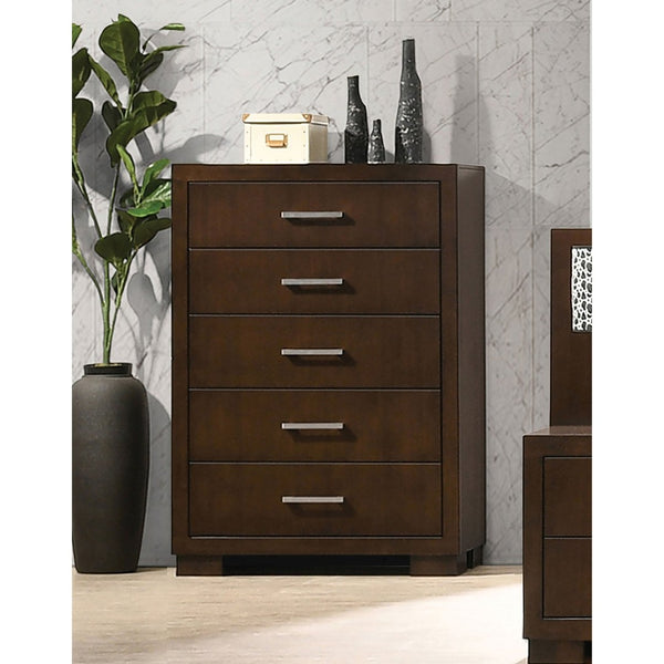 English Elm Polk Five Drawer Chest with Felt Lined Storage and Bracket Feet in Cappuccino Finish B062P447700
