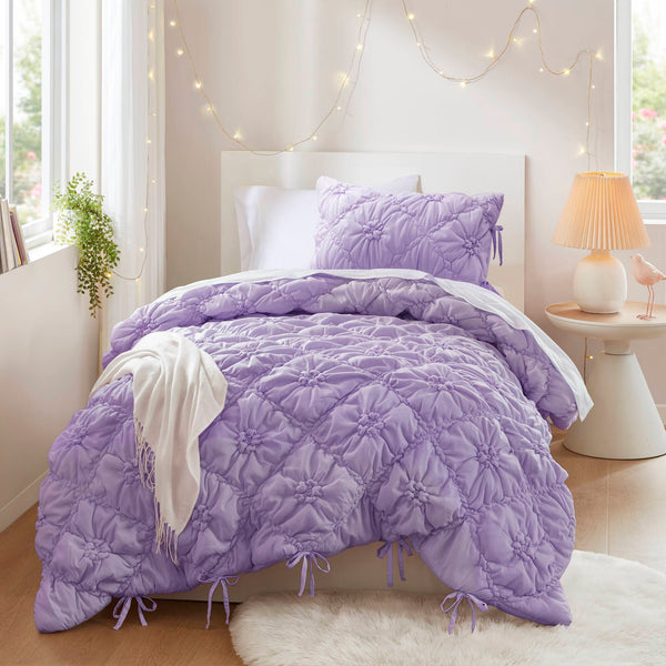 JLA Home Intelligent Design - 2PCS Floral Comforter Set with Puffy Quilting, Bow-Tie Accents & Brushed Microfiber for All-Season Coziness Purple ID10-2473