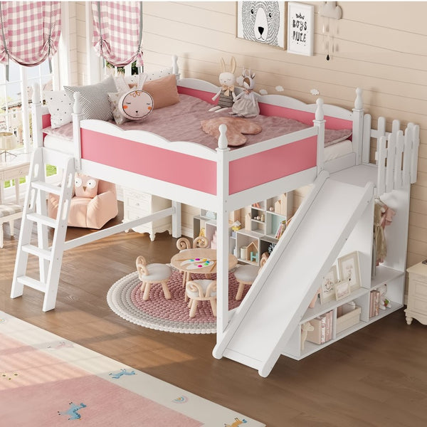 English Elm Queen Solid Pine Loft Bed with Wardrobe Shelves Detachable Slide and Dual Sleeping Zones Pink,White W5305S00026