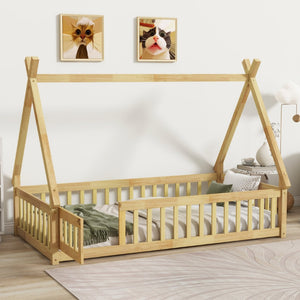 English Elm Twin Tent-Shaped Floor Bed With Guardrails, Playful Design, Natural Wood Finish, Safe & Cozy Space W504P345783-GIGA