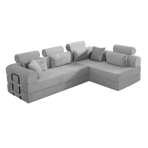 English Elm L Shaped Corduroy Sectional Sofa Converts to Sleeper Bed Space Saving Modular Couch Light Gray W5532S00003