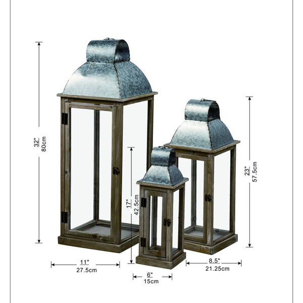 English Elm Set of 3 Rustic Silver & Natural Wood Lanterns with Domed Metal Tops, Clear Glass Panels, Cozy Glow Decorentic W2078131626