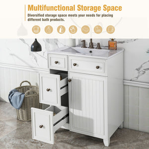 English Elm 24-Inch Bathroom Vanity Cabinet with Ceramic Sink, Space-Saving Storage, Solid Wood Feet, Durable Finish White WF532034AAK
