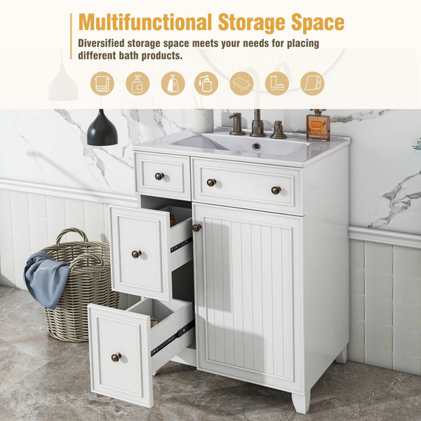 English Elm 24-Inch Bathroom Vanity Cabinet with Ceramic Sink, Space-Saving Storage, Solid Wood Feet, Durable Finish White WF532034AAK