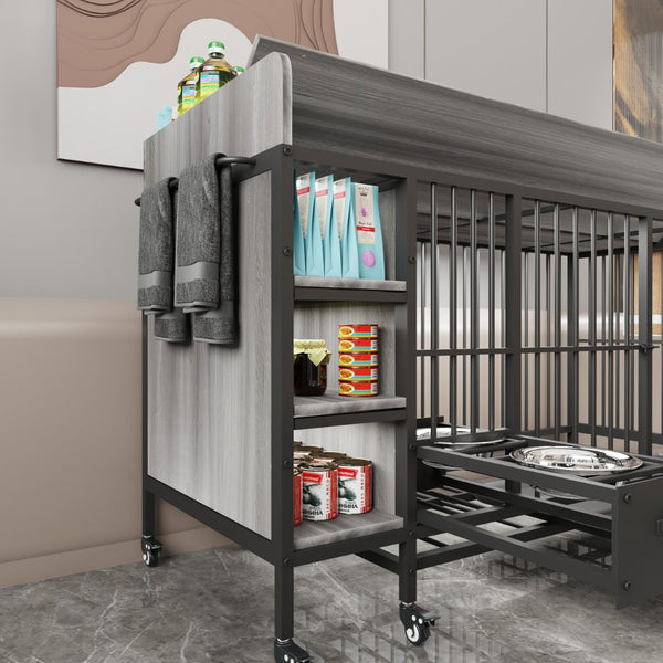 English Elm Large Iron Mdf Pet Enclosure with Storage Cabinet Rolling Casters and Steel Feeding Basins W3064P245385