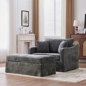 English Elm 43.9" Wide Chenille Accent Chair with Ottoman Bolster Pillows Farmhouse Living Room Set Charcoal W3098S00045