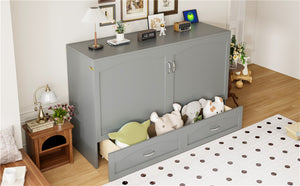 English Elm Queen Murphy Wall Bed with Drawers Usb Charging Ports Pulley Lift Mdf Cabinet Gray LP100671AAE-1