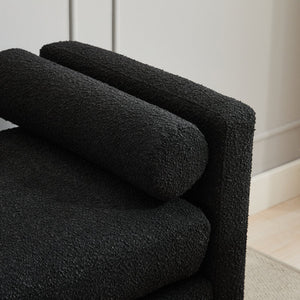 English Elm 66.34"W Elegant Upholstered Bench & Daybed, Soft Black Boucle, Natural Wood Legs & Bolster Pillows W3188S00019