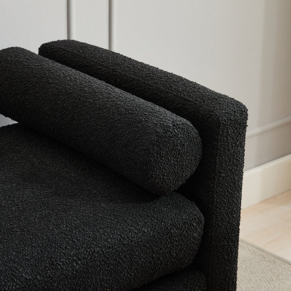 English Elm 66.34"W Elegant Upholstered Bench & Daybed, Soft Black Boucle, Natural Wood Legs & Bolster Pillows W3188S00019