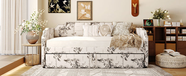 English Elm Twin Linen Upholstered Daybed with Pop up Trundle and Built in Usb Charging White Tossed Botanical SF000199AAZ