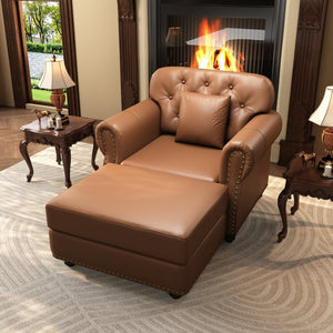 English Elm 41.3"upholstered Faux Leather Accent Sofa Button Tufted Nailhead Chesterfield Style Seat Brown W1885S00423