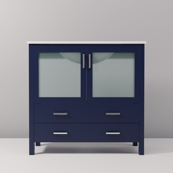English Elm Navy Blue Bath Vanity 36” W X 18.25” D With White Ceramic Top, Soft-Close Drawers & Ample Storage B2731P260443