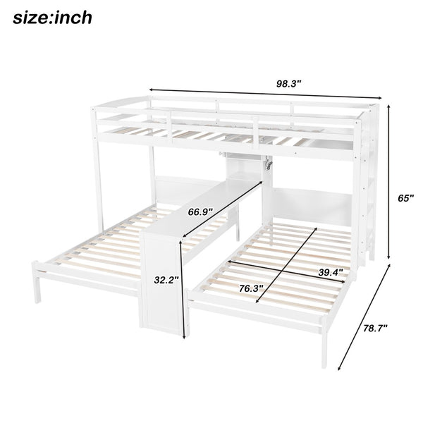 English Elm Twin Triple Bunk Bed with Built in Desk Open Shelving and Led Task Lighting White N7090002243K