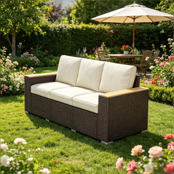 English Elm 3-seat Handwoven Pe Rattan Outdoor Sofa with Steel Frame and Washable Cushions T3971S00257