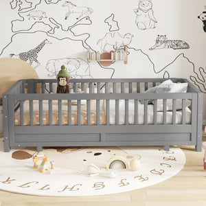 English Elm Twin Xl Convertible Platform Bed With Guardrails, Solid Wood Frame In Gray - Safe & Stylish Sleep Solution W1580S00242-GIGA