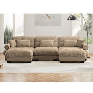 English Elm U Shape Velvet Modular Sectional Sofa with Movable Ottomans, Deep Cloud Seats and Bolster Arms Camel W714S01100