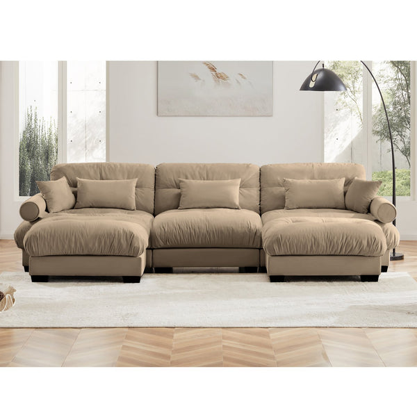 English Elm U Shape Velvet Modular Sectional Sofa with Movable Ottomans, Deep Cloud Seats and Bolster Arms Camel W714S01100