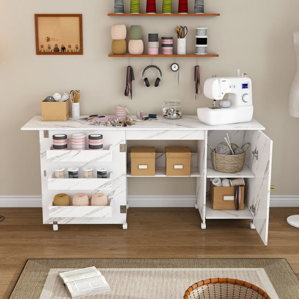 English Elm 57.5" Foldable Craft Station Rolling Sewing Table with Cabinet Bins and Open Shelf W2700P391395