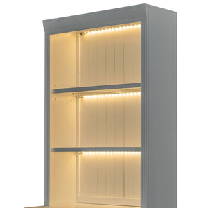 English Elm 83.4"tall Bookcase with Led Shelves Sliding Doors Open Storage Modern White N751S379857K