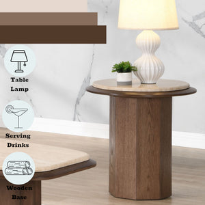 English Elm Kasha Contemporary Walnut End Table with Real Travertine Top, MDF Veneer Oak Finish, 40lb Limit B2726S00550