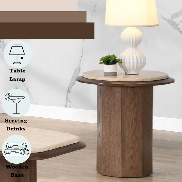 English Elm Kasha Contemporary Walnut End Table with Real Travertine Top, MDF Veneer Oak Finish, 40lb Limit B2726S00550