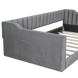 English Elm Twin XL Upholstery Daybed with Vertical Channel Tufting, Velvet Fabric, Slat Support & Side Storage Pocket for Guests Gray DL002210AAE