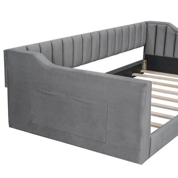 English Elm Twin XL Upholstery Daybed with Vertical Channel Tufting, Velvet Fabric, Slat Support & Side Storage Pocket for Guests Gray DL002210AAE