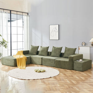 English Elm L-shaped Modular Sectional with Ottoman Corduroy Upholstery Four Seat Living Room Sofa Green W2699S00083