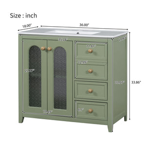 English Elm 36-inch ceramic basin vanity with patterned glass doors, gold round handles & ample storage drawers Green N729P184710F