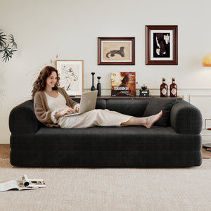 English Elm 78.8" Compression Sofa Convertible Floor Bed with Corduroy Fabric, No-Assembly Modular Futon, Supportive Backrest and Armrests Black W2824P373428