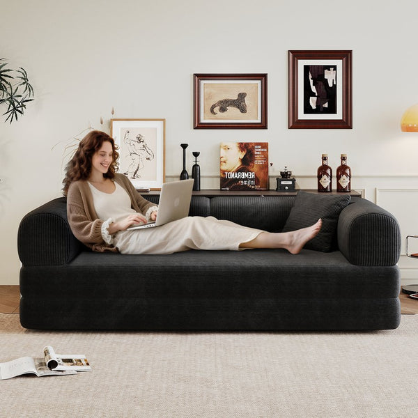 English Elm 78.8" Compression Sofa Convertible Floor Bed with Corduroy Fabric, No-Assembly Modular Futon, Supportive Backrest and Armrests Black W2824P373428