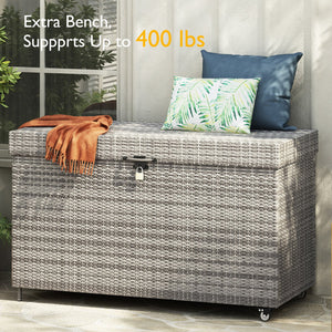 English Elm K&K 200 Gallon Wicker Deck Box with Lockable Lid, Hydraulic Pistons, Wheels, Weatherproof Storage Grey N707P245457G