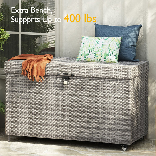 English Elm K&K 200 Gallon Wicker Deck Box with Lockable Lid, Hydraulic Pistons, Wheels, Weatherproof Storage Grey N707P245457G