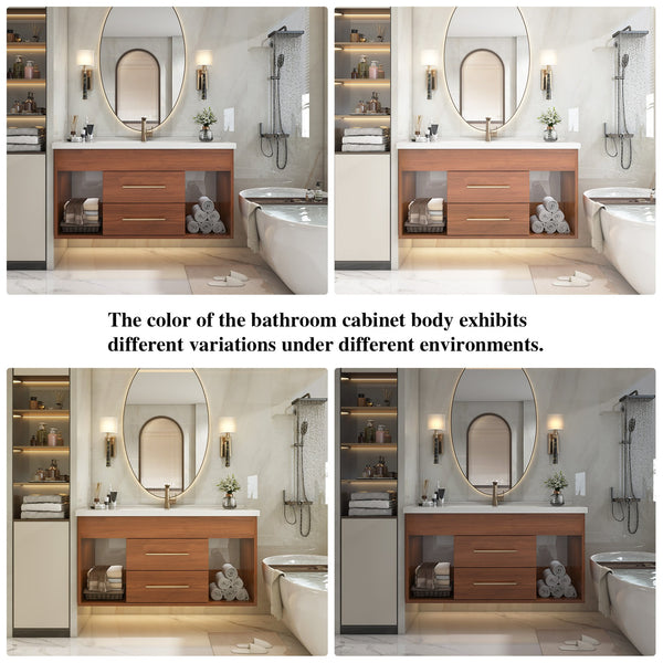 English Elm 35.4" Modern Bathroom Vanity with Integrated Ceramic Sink, Moisture-Resistant Wood, Soft-Close Drawers & Open Shelves, Oil Rubbed Bronze Handles, Sleek Design W3136S00026