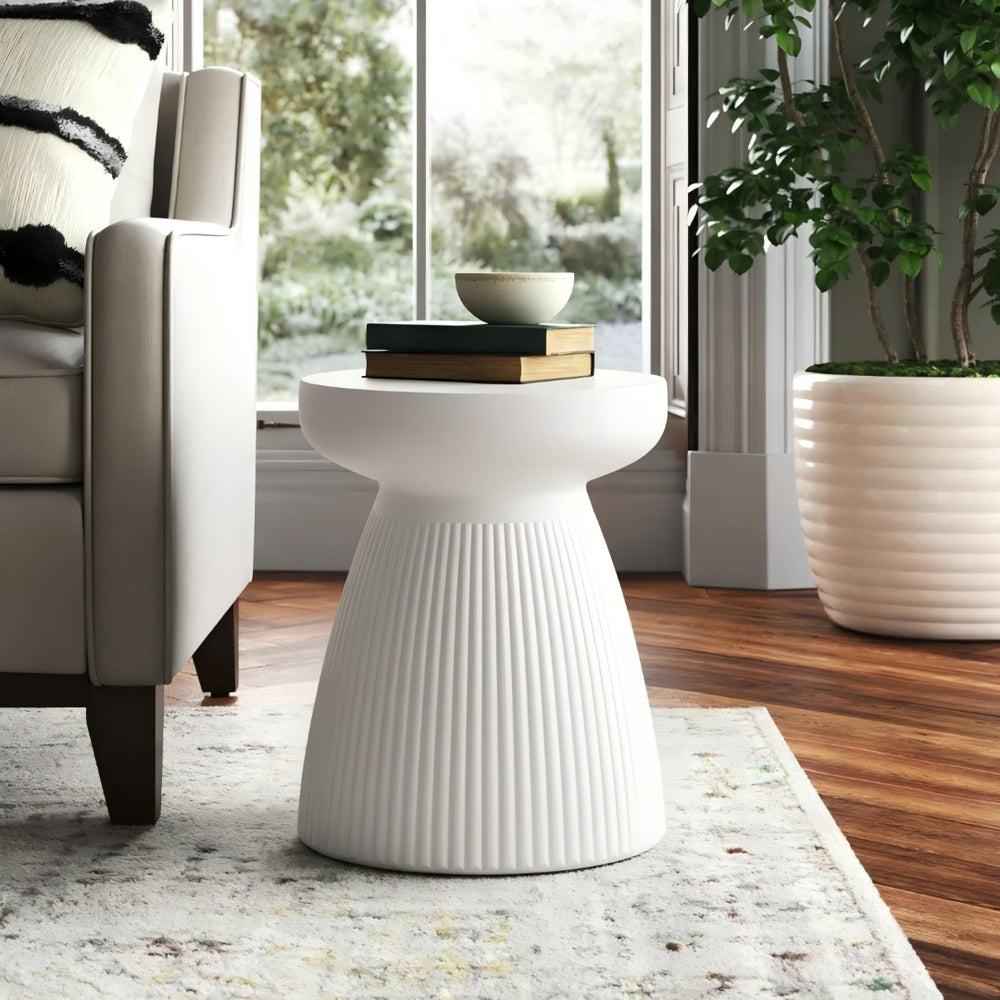 English Elm Outdoor Mgo Round Side Table Weatherproof Matte White Patio or Living Room Accent N772P374362W
