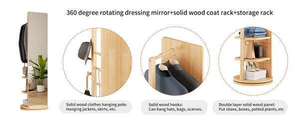 English Elm 360° Swivel Full Length Floor Mirror with Coat Hooks Rubberwood Stand Entryway Bedroom W2987P438044