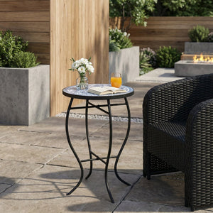 English Elm Outdoor Mosaic Ceramic Tile Round Side Table with Curved Wrought Iron Patio Accent Black,Blue,White N773P365597B