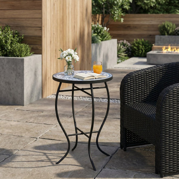 English Elm Outdoor Mosaic Ceramic Tile Round Side Table with Curved Wrought Iron Patio Accent Black,Blue,White N773P365597B