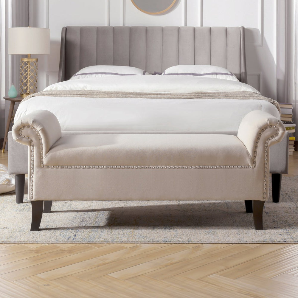 English Elm Jennifer Taylor Home - Kathy Roll Arm Entryway Bench in Sky Neutral Beige Polyester - Kiln-Dried Hardwood Frame, Nailhead Trim B2719P238171