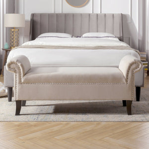 English Elm Jennifer Taylor Home - Kathy Roll Arm Entryway Bench in Sky Neutral Beige Polyester - Kiln-Dried Hardwood Frame, Nailhead Trim B2719P238171