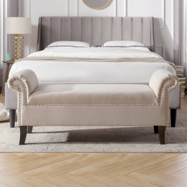 English Elm Jennifer Taylor Home - Kathy Roll Arm Entryway Bench in Sky Neutral Beige Polyester - Kiln-Dried Hardwood Frame, Nailhead Trim B2719P238171