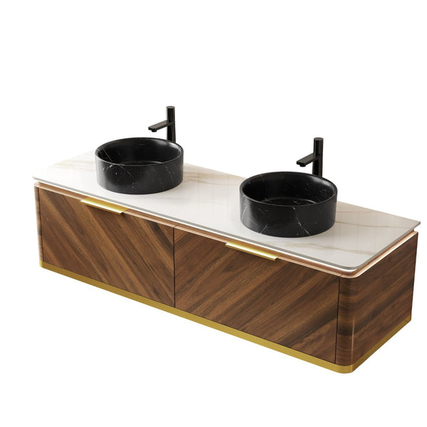 English Elm Dina 60 Inch Floating Bathroom Vanity Sintered Stone Top Dual Glass Basins Wood Grain W2615S00577