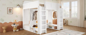 English Elm Triple Bunk Bed Wood Frame with Built in Shelves Hooks for Shared Kids Rooms White N7090004027K