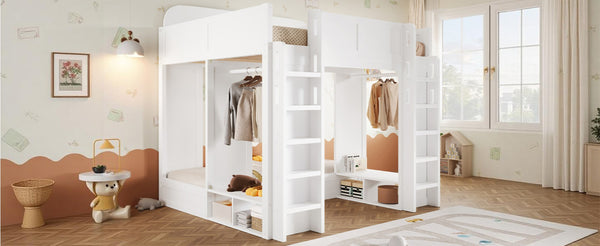 English Elm Triple Bunk Bed Wood Frame with Built in Shelves Hooks for Shared Kids Rooms White N7090004027K