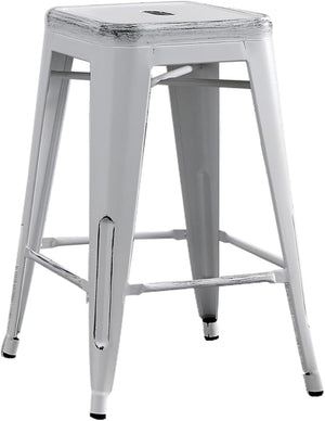 English Elm Backless Antique White Metal Bar Stools Set of 2 — Lightweight Industrial Rustic 24" Stackable Seats B347P342183