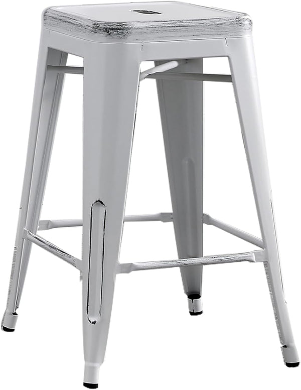 English Elm Backless Antique White Metal Bar Stools Set of 2 — Lightweight Industrial Rustic 24" Stackable Seats B347P342183