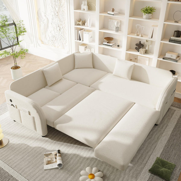 English Elm 85.1" Teddy Plush L-shaped Sectional Sleeper Sofa with Usb Ports and Pull Out Bed Beige+White W1885S00319